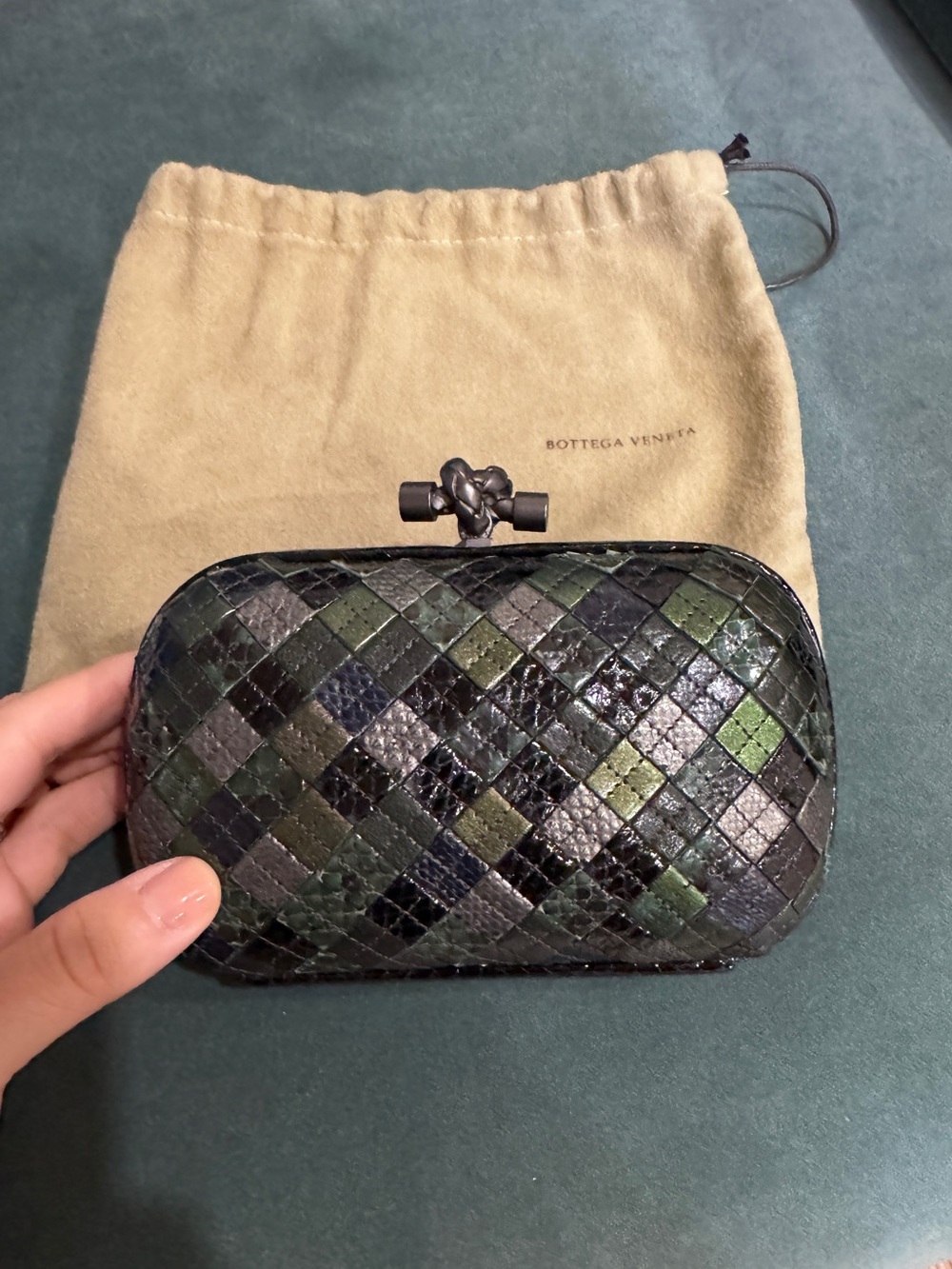 Vintage Bottega Veneta Black & Green Intrecciato Knot Exotic Clutch